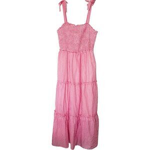 Draper James RSVP Gingham Tiered Maxi Dress Womens 1X Pink Bows Sundress Tank